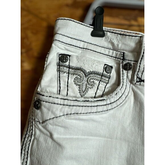 Rock Revival Jean Shorts "Rodd" White Splash Leather Inserts Shorts 40 90’s - Picture 3 of 12